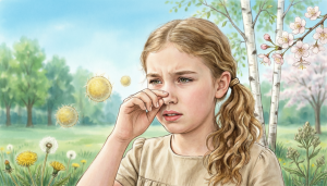 Child experiencing hay fever symptoms outdoors with airborne pollen